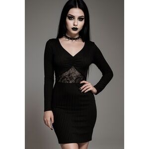 Black Long Sleeve Lace Mini Dress Halloween‎ Goth Witch Whimsigoth Petite L